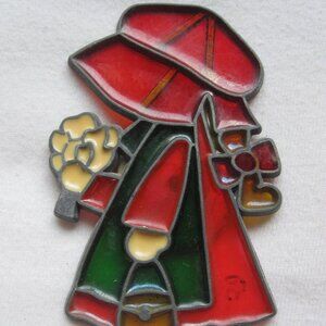 Vintage 3.5" Stained Glass Fridge Magnet- Girl in Dress & Bonnet w/ Flowers